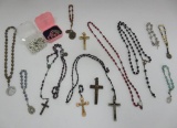 15 Rosary, cross, and metasl lot, glass, rhinestone and seed beads