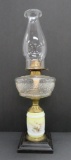 Oil lamp with hand painted stem, patterned font, 20