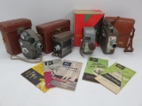 Four vintage 8 mm movie cameras with cases, box and movie making booklets