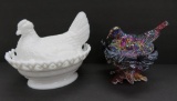 Two covered bird dishes, hen on a nest and bird on nest