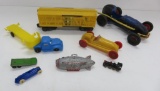 Assorted plastic and metal toys, race cars, Dare Devil flyer and train car