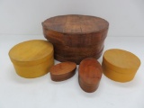 Wooden cheese box and four mini pantry boxes, 4