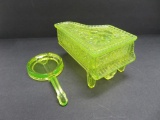 Vintage Mosser glass, vasoline glass covered box in shape of piano, and banjo dish
