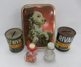 Dog collectible lot with candy containers, Rival tin banks and Toffee tin with Dalmation