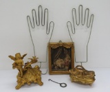 Vanity lot with jewelry casket, cherub candle holder, print, glove stretchers and button hook