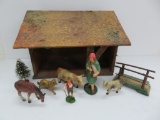 Vintage wood Barn, composition animals, shepherd and bridge