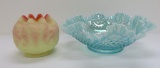 Blue opalescent hobnail bowl and Fenton burmese style rose bowl