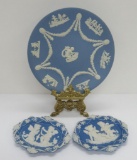 Wedgwood England cherub plate and two cherub Germany jasperware style plates, metal stand