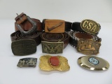 Six leather belts and buckles and three buckles only, Western and Military