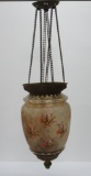 1800's enamel painted art glass pull down candle hanging light fixture, 13