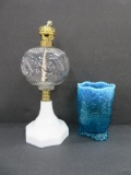 Milk glass base oil lamp and blue celery jar