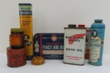 Vintage First Aid and shoe foot care tins, 8 pieces
