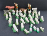 Vintage plaster Nativity pieces, animals and shepherds, about 37 pieces