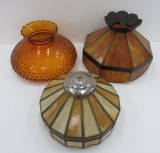 Two retro leaded glass shades and amber hobnail shade