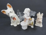 Vintage salt stone dog figurines, glass scotty pipe holder and China dog