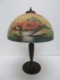 Scenic painted cabin scene lamp, earth tones, 23