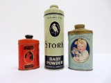 Three adorable baby product vintage powder tins, 3 1/2