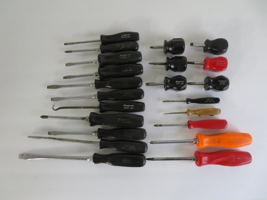 22 Snap On assorted screwdrivers, black, red and orange handles, 3" to 8 1/2"