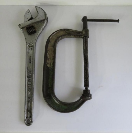 18" Diamond Calk Horseshoe Co adjustable crescent wrench and JH Williams 8" clamp
