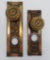 Two ornate bronze door knobs and back plates, gargoyles