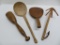 Primitive wooden utensils, whisk, masher, ladle and butter paddle, 9