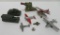 Six metal military toys, tanks, vehicles and planes
