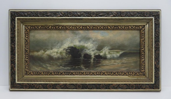 Late 1800's oil painting on canvas, ocean sea scene, 34" x 18 1/2" framed