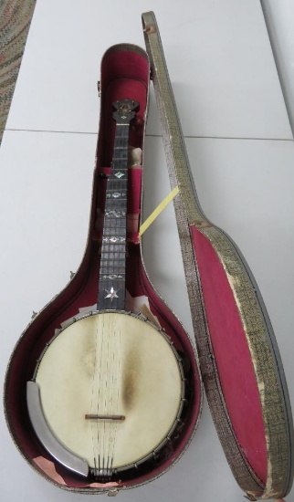 MOP inlay open back banjo, cast tag on back, 33" long