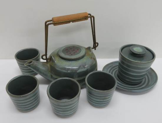 Mid Century Modern Glidden MCM teapot, plate, tumblers, Fong Chow high tide