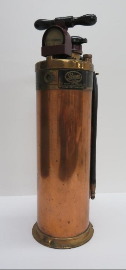 Unusual Pyrene copper and brass fire extinguisher, 23"