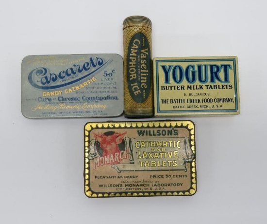 Four medicine tins, laxatives and Camphor Ice, 3" and 4"