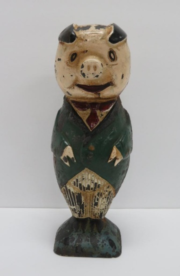 Pig Iron 7" cast iron bank, Pig in suit, attributed to bank advertising