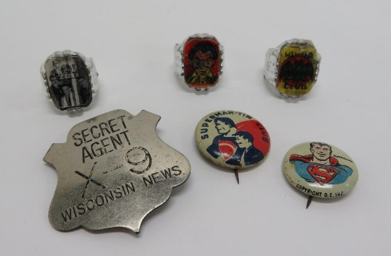 Super Hero and Secret Agent Cereal premiums and pin backs, Batman, Superman and Man from Uncle