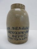 Jas Benjamin Stoneware Depot, stoneware sealer jar, Cincinnati OH, 10