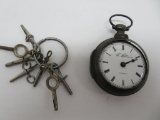 W Williams London Antique Fusee pocket watch with outer case and seven clock keys