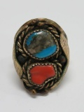 Inlay stone ring, attributed to turquoise and coral, size 12 1/2