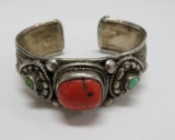 Fabulous very detailed Coral and Turquoise cuff bracelet, 2