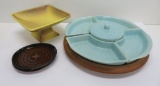 Mid Century Modern lazy susan with inserts, pedestal dish and two Glidden plates