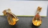 Citrine 10 kt gold earrings with diamond chip, pierced