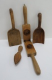 Four primitive wooden utensils, butter paddles, juicer and squeezer, 5