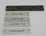 Metal Brewery tags, five pieces, 3 1/2