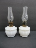 Two miniature oil lamps, milk glass, 7