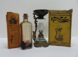 Vapo-Cresolene lamp with boxes and oil bottle, 6 1/4