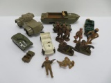 Plastic and composition rubber Army vehicles and soldiers, 1 3/4