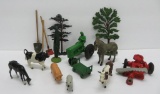 Metal, rubber and composition toy farm animals and implements