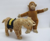 Two vintage stuff animals, monkey and musical bull