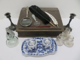 Vintage lap desk, ink bottles, candlestick and desk inkwell