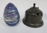 Vintage ink well and art glass paperweight