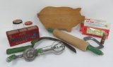 Vintage kitchen lot with green handled utensils, Mouli withbox and vintage jars