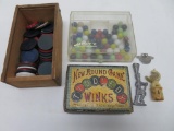 Vintage toys, marbles, poker chips, tiddledy winks and lead soldier